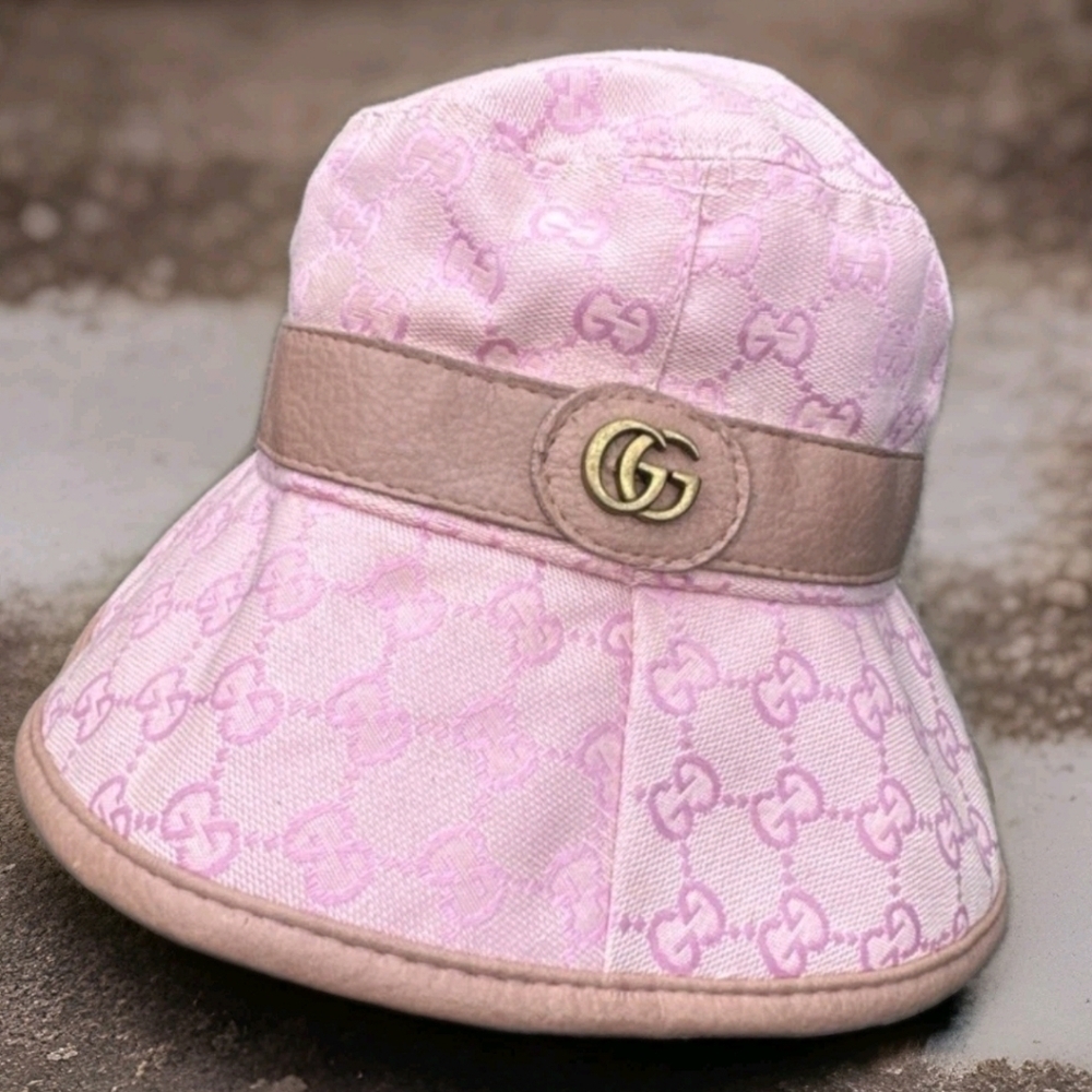 Gucci Adult PINK AND TAN Logo Bucket Hat Sz Medium